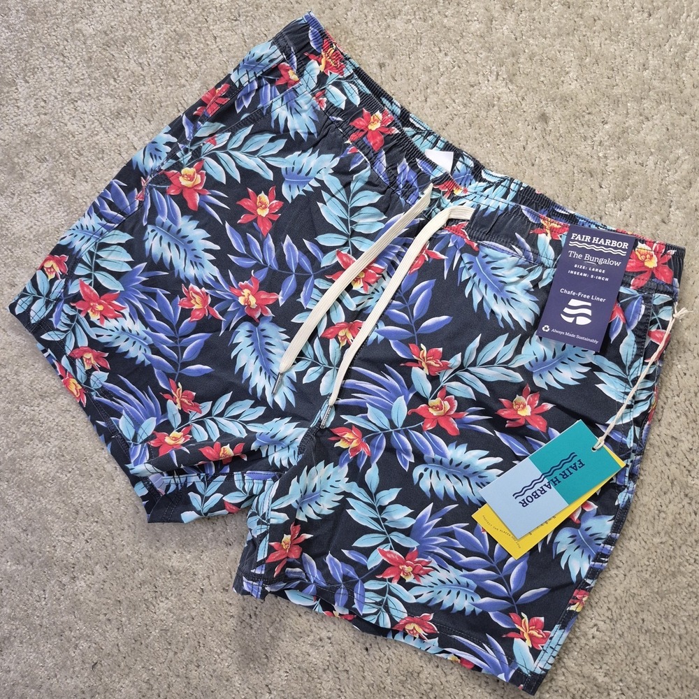 Fair Harbor Bungalow Swim Trunks Mens Large Blue Shorts Floral Lined Hawaii New
